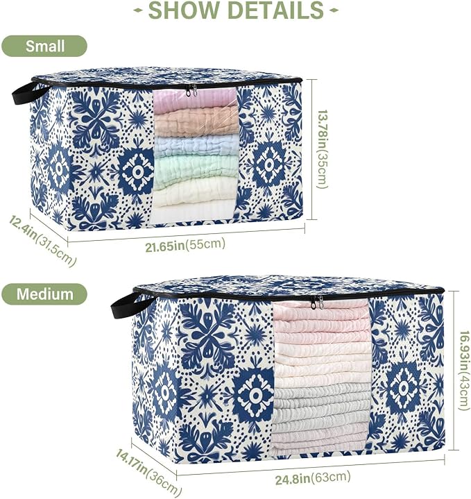 Generic Blue Mexican Talaveras Clothes Storage Bag Bins 2 Pack Foldable Storage Containers Large Closet Organizer with Zipper Quilt Bag for Comforters Clothing Bed Sheets 60L