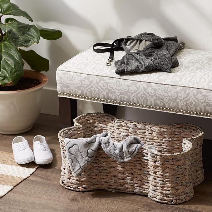 Bone Dry Pet Storage Collection, Bone Shape Hyacinth Toy Basket, White Wash, Small - 17.75x11x7.5"