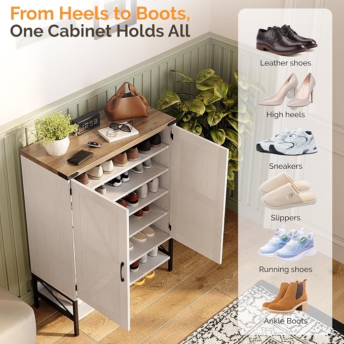 VINGLI Farmhouse Shoe Cabinet for Entryway, 32" Antique White Shoe Storage Cabinet with 2 Barn Doors, Large Capacity Shoe Organizer with Adjustable Shelves for Foyer, Bedroom, Closet