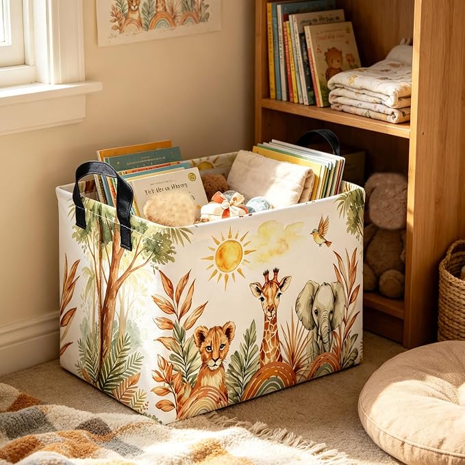 Rectangular Animal Baskets,Collapsible Gift Basket with Handles,Book Bins,Shelf Basket(Yellow animal)