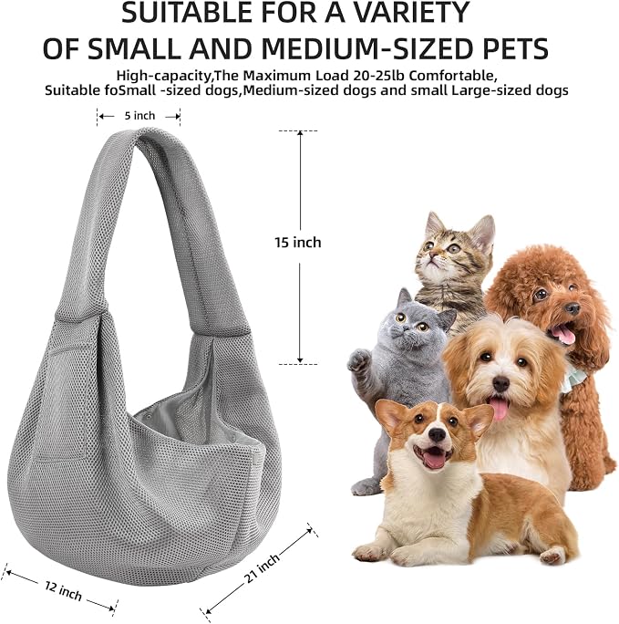 Dog and Cats Carrier Sling, Breathable Puppy Small Pet Carrier with Pocke | Reversible Dog Sling Carrier, Safety Buckle, Storage Pocket, Machine Washable for Travel, Outdoor Activities, Hand-Free, Gray