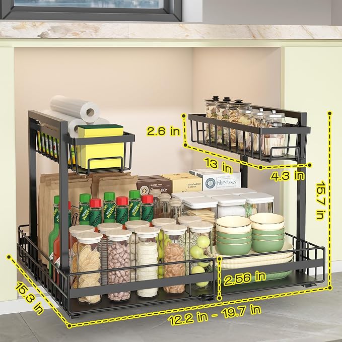 NADAMOO Expandable Under Sink Organizer, 2-Tier Pull Out Cabinet Organizer | Expandable Width, 3-Level Height Adjustment, Metal Storage Rack with 3 Slide Rails for Kitchen Bathroom Laundry, Black