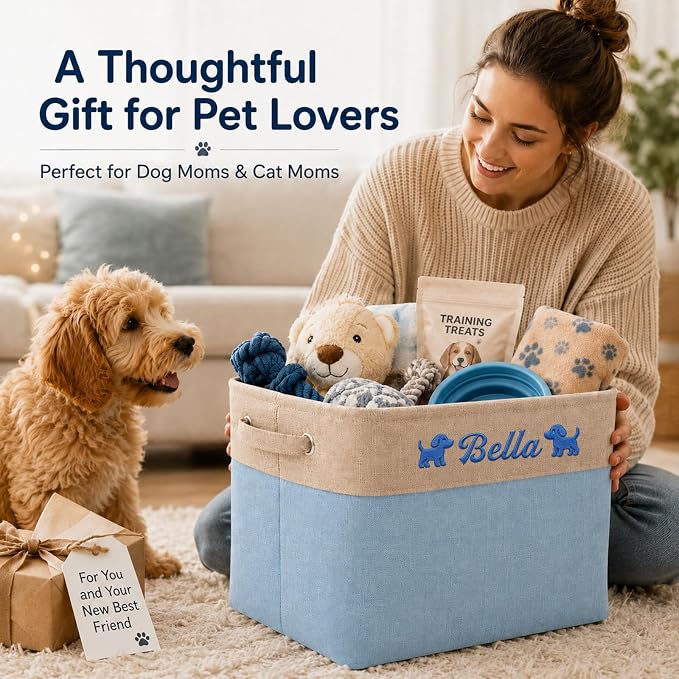 Personalized Dog Toy Storage Basket Bin with Embroidered Name | Customize a pet name and mirrored pet icons on a foldable fabric organizer for toys, leashes, blankets and pet supplies