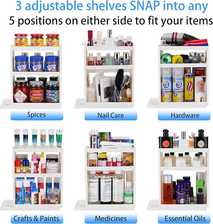 Dutiplus 3-Tier Medicine Organizer Cabinet Storage Rack with Pull-and-Rotate Design for Holding Vitamins, Supplements, Cosmetics 10.82" H x 5.82" W x 10.43" D Creamy White