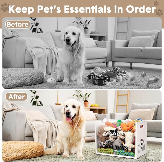 Dog Toy Box Large Wooden Dog Toy Chest with Handle Wooden Storage Bin with Acrylic Board Storage Box for Puppy Toys Pet Food and Accessories Organizer Holder Basket for Living Room Area(White, Dog)