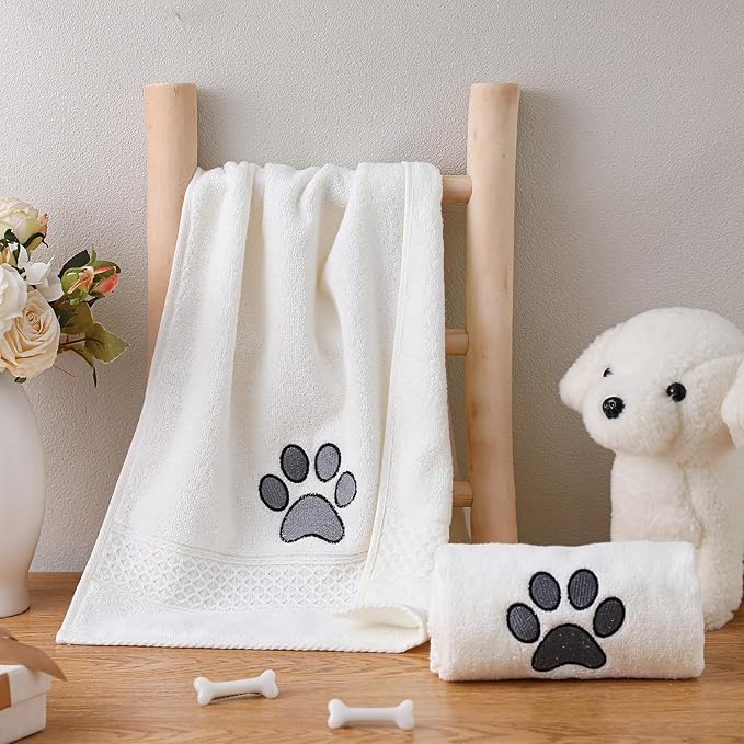 SmoothNovelty 2 Pcs Dog Paw Hand Towels Beige Bathroom Decor 13 x 29 Inch 100% Cotton Embroidered Soft Hand Towels Absorbent Farmhouse for Kitchen Restroom