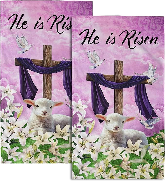 Giwawa He is Risen Towel Set of 2, Easter Cross Cute Lamb Decorative Hand Towels, Spring Lily Floral Print Soft Microfiber Face Towel Washcloth for Bathroom Guest Gym Spa Hotel Holiday