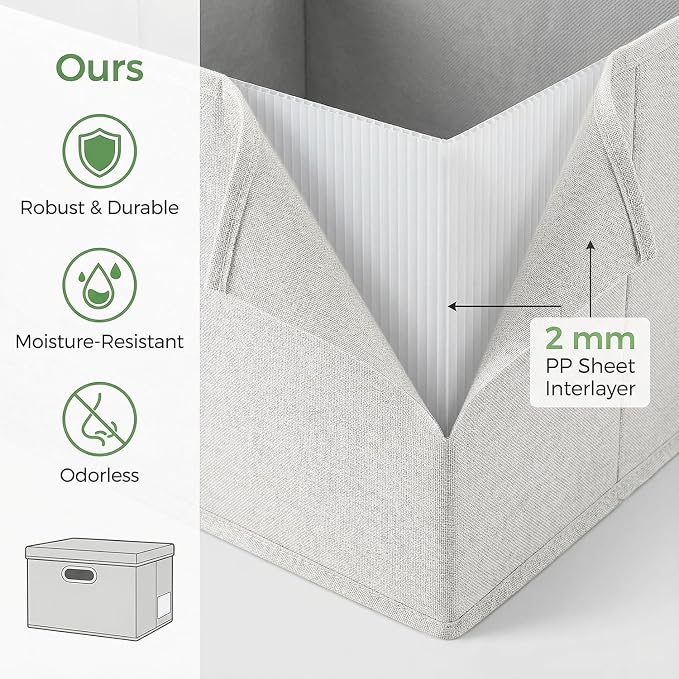 Storage Bins with Lids [3-Pack] Linen Fabric Foldable Storage Boxes Organizer Containers Baskets Cube with Cover for Bedroom Closet Office Beige（11.4X8.6X6.7