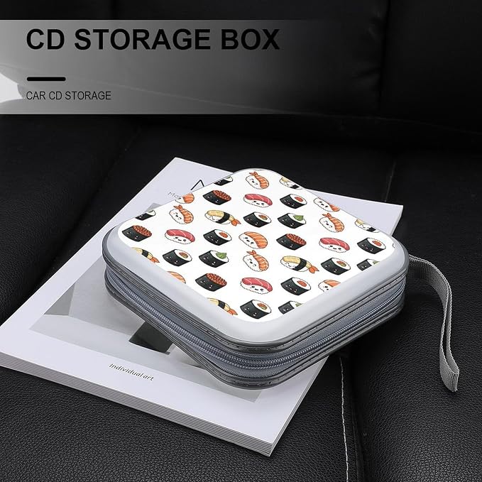 40-Disc CD/DVD Protective Case Kawaii Food Theme Japanese Sushi, Hard Plastic Binder with Zipper, Portable Storage Organizer for Travel Office