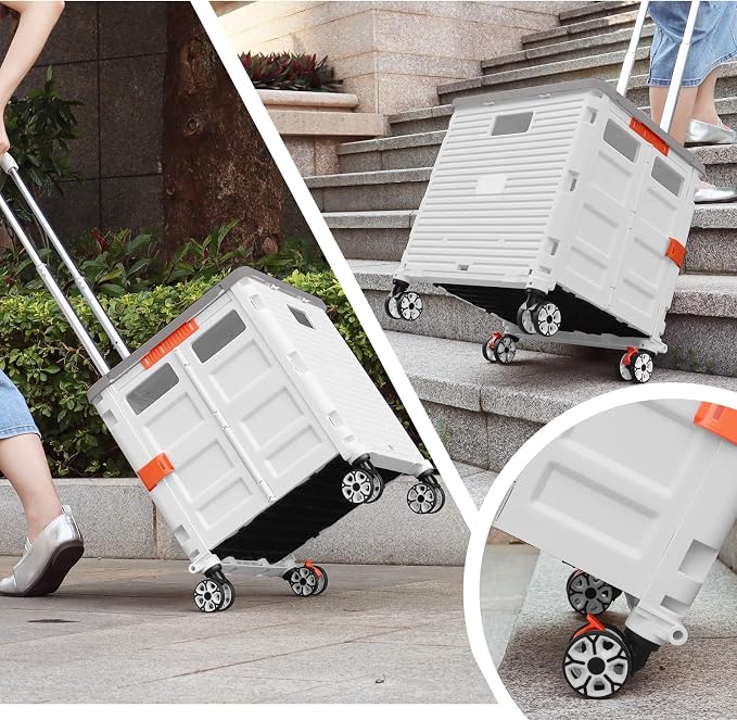 Foldable Utility Cart Folding Portable Rolling Crate with Magnetic Extended Lid,360°Rotate Wheels,176LBS Load Capacity,Heavy Duty Durable Dolly Cart for Teacher Tourist Shopping Office Outdoor(White)