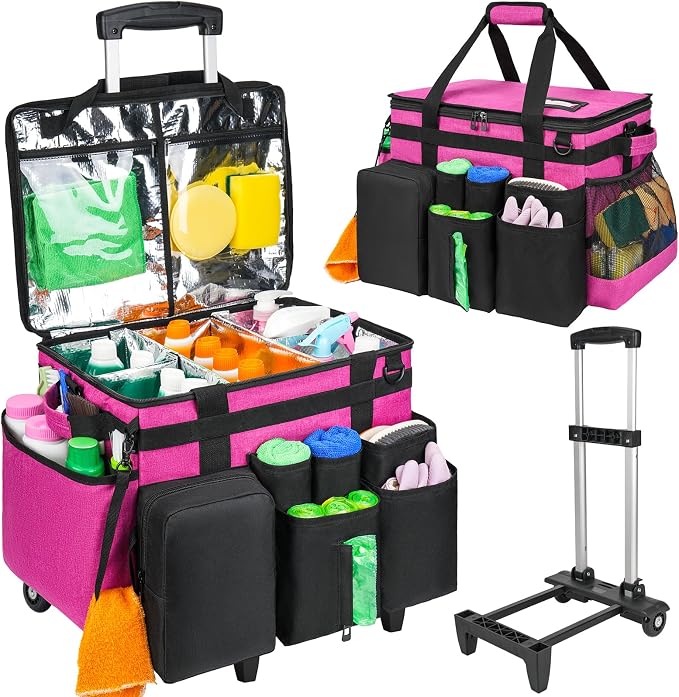 Cleaning Cadddy Bag with Rolling Cart, Large Cleaning Bag with Wheels | Cleaning Supplies Organizer with Detachable Trolley for Housekeepers, Housekeeping Cleaning Cart with Shoulder Strap & Handle