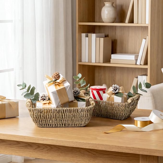 StorageWorks Small Baskets for Shelf, Seagrass Woven Basket for Gifts | Wicker Storage Baskets for Shelves, Baskets with Wooden Handles, 2-Pack Gifts Basket for Home Decor, Hand-Woven Basket