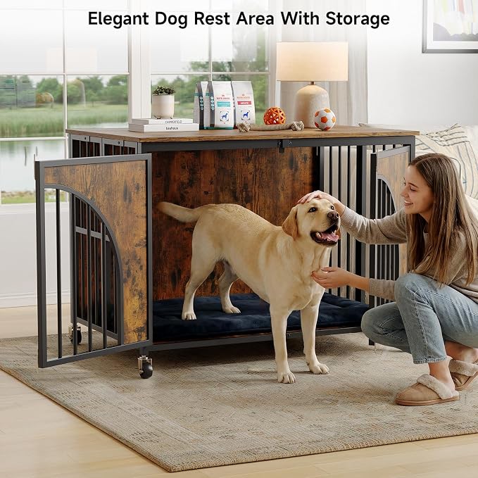 ONBRILL 43" Heavy Duty Foldable Dog Crate Furniture, Large Dogs, Brown | Fold it away when needed, while easy-glide wheels and spring locks add convenience to everyday use