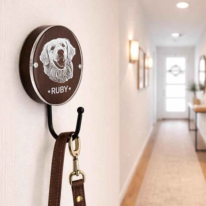 Personalized Dog Leash Hook Holder Wall Mount, Collar Harness Organizer with Pet Name or Photo, Wooden Custom Dog Mom Gift, Single Hook