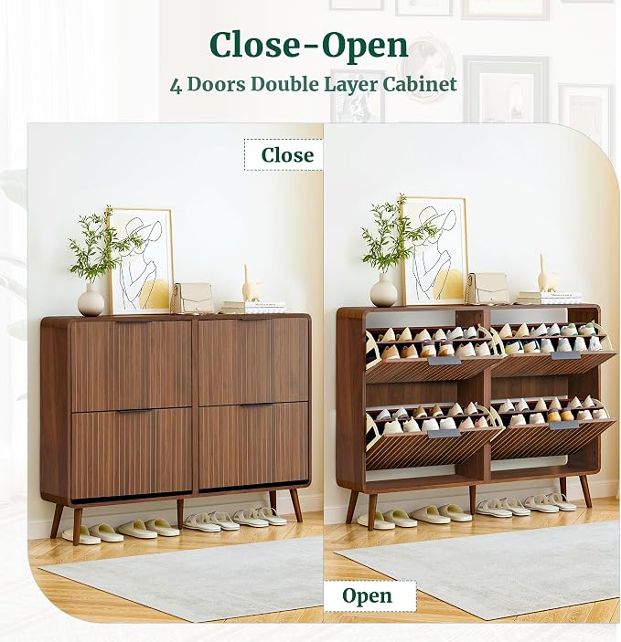 FurSch 47" Fluted Large Shoe Cabinet with 4 Flip Drawers | Slim Freestanding Organizer, Narrow Storage Rack for Entryway, 5 Sturdy Legs