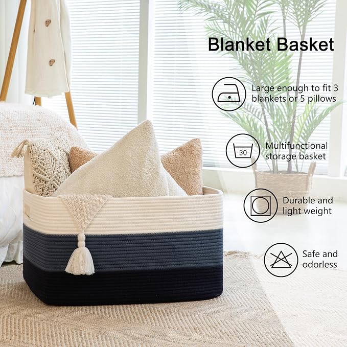 OIAHOMY Blanket Basket Laundry Basket Dog Toy Basket 108L Gradient Blue | Large Storage Basket,Baby Basket,Toy Storage,Woven Rope Basket for Blankets,Blanket Storage for Living Room