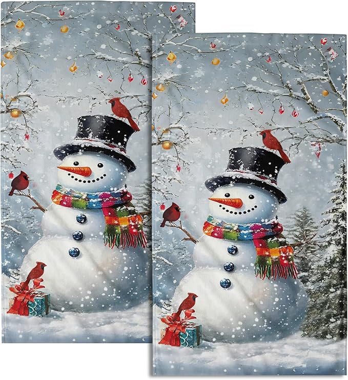 Giwawa Winter Snowman Towel Christmas Trees Red Birds Hand Towel Set of 2 Xmas Snow Scene Seasonal Quick Drying Absorbent Face Fingertip Towel Washcloth for Bathroom Gym Spa Guest Decor