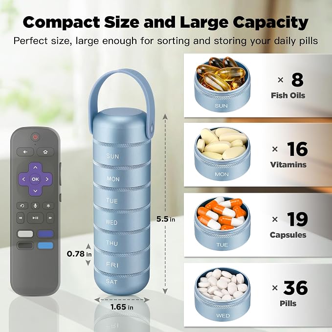 Zannaki Metal Weekly Pill Organizer, Large Travel Pill Box 7 Day, Waterproof Daily Pill Case with Silicone Handle, Aluminum Alloy Portable Pill Holder Container for Vitamin, Medicine, Supplement,Pills