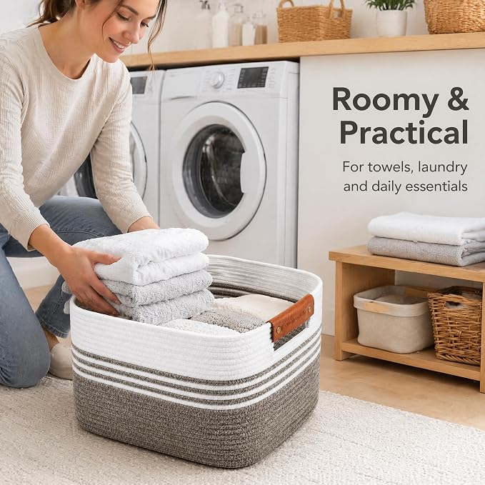 Cotton Rope Laundry Basket Medium, 15.4GAL Collapsible Woven Storage Baskets for Living Room Kids Toys Stuffed Animal,Boho Rectangular Decorative Short Hamper for Dirty Clothes, Blankets Dark Brown