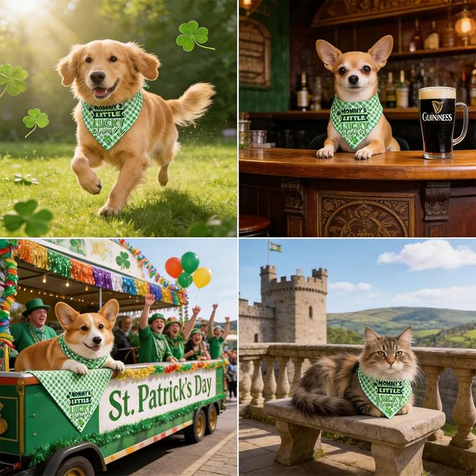 Dog Bandanas for St. Patricks Day 2-in-1 Daddy's/Mommy's Little Lucky Charm - Double-Sided Green Plaid, Pet Lucky Holiday Costumes Scarf with Snap Button, Small & Medium Breeds (5-30lbs)