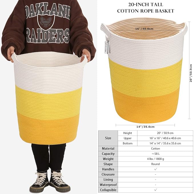 Sea Team Large Woven Cotton Rope Laundry Basket with Handles, 20 x 14 in | Collapsible Knitted Hamper, Closet Shelf Organizers, Containers for Clothing, Blankets, Toys, Bedding, Yellow
