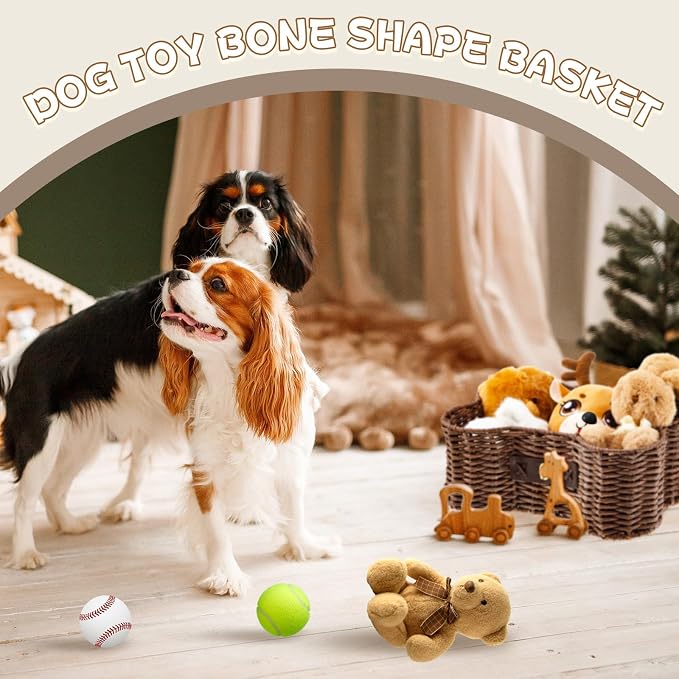Barydat 2 Set Large Small Dog Toy Basket with Lid Bone Shaped Basket for Dog Natural Wicker Woven Handmade Pet Puppy Toy Organizer and Storage Box Bin for Cats(Wicker,Dark Brown)