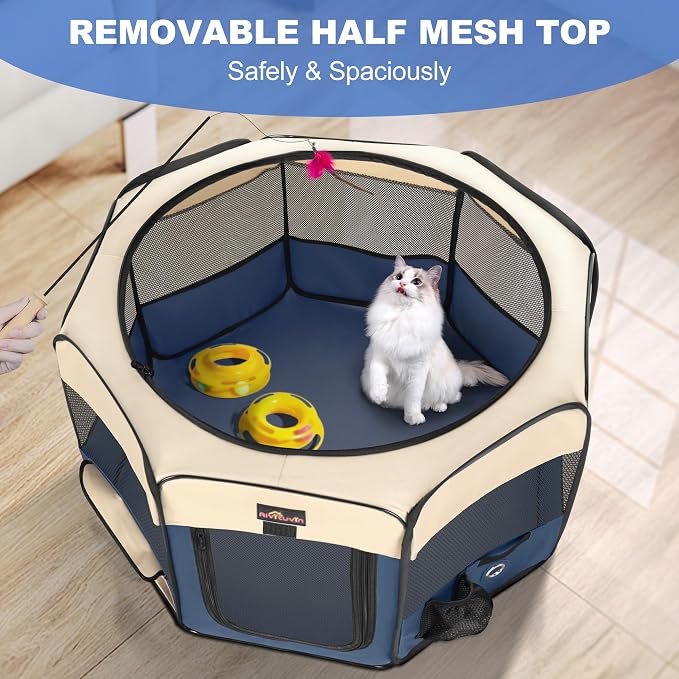 Aivituvin Dog Playpen, Foldable Pet Play Pens with Carrying Bag for Cat, Puppies, Rabbits, Portable Dog Tent Crates Cage for Travel Camping Indoor Outdoor, Removable Shade Cover, Blue M