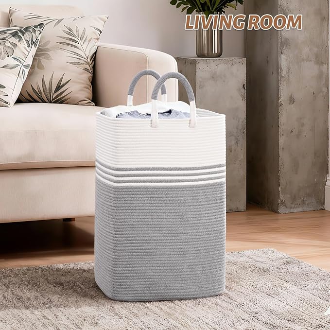 Laundry Basket Hamper,Blanket Storage,Dirty Clothes Hamper with Swivel Handles,Woven Cotton Rope Toy Baskets,Blanket Basket Living Room,Decorative Hampers for Nursery,Bedroom,White & Gray,80L