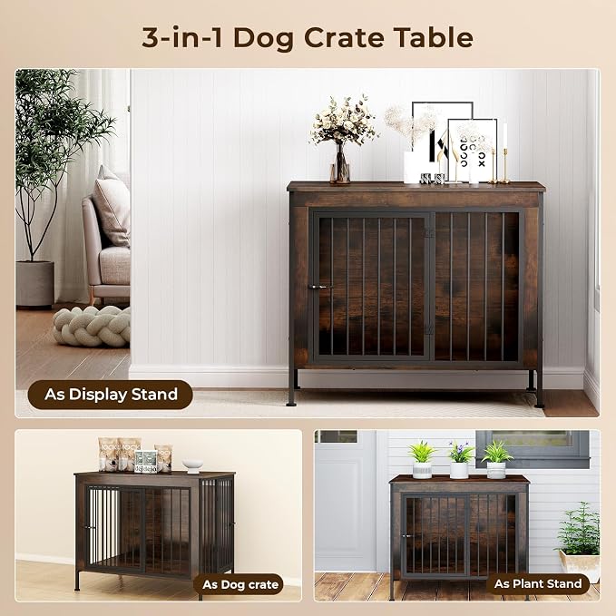 32" Dog Crate Furniture, Decorative Dog Kennels for Medium Dogs, Dark Brown | Thick wood, heavy-duty steel, 2-door escape-proof locks, waterproof scratch-resistant, extra-large, stylish, easy assembly