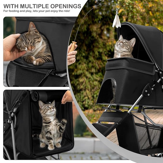 MoNiBloom Pet Stroller for Small/Medium Dogs and Cats up to 33 lbs, Black | Foldable Dog Stroller 3 Wheels Pet Strolling Cart w/ Storage Basket Cup Holder, Breathable and Visible Mesh for All-Season