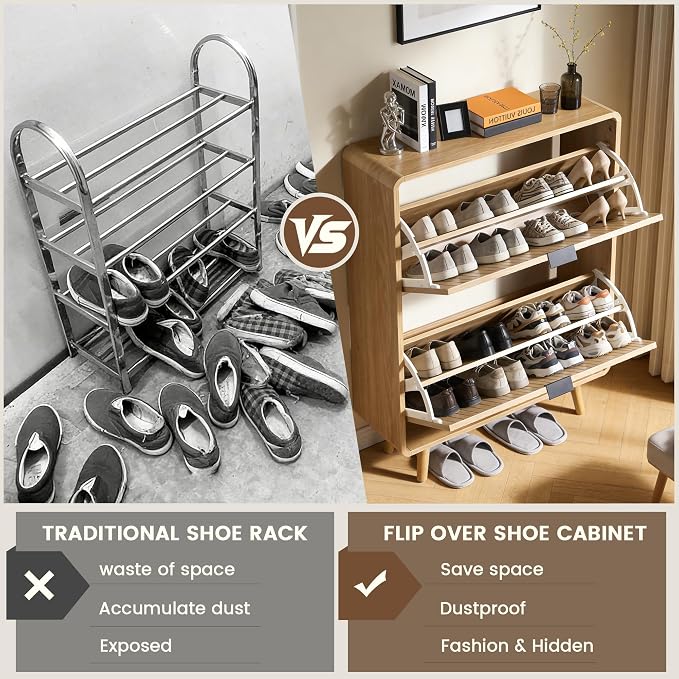 FurSch Fluted Shoe Storage Cabinet with 2 Flip Drawers | Narrow Shoe Rack Cabinet Organizer, Adjustable & Removable Shelves, for Entryway