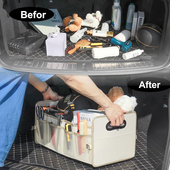 JiatuA Car Trunk Organizer, Car Organizers and Storage Collapsible Multi Compartment Container Box, Adjustable Car Accessories for SUV Sedan Truck, Standard Size, Beige | Sturdy, Large Capacity, Clean Decor, Multi Compartment Container Box, Adjustable ...