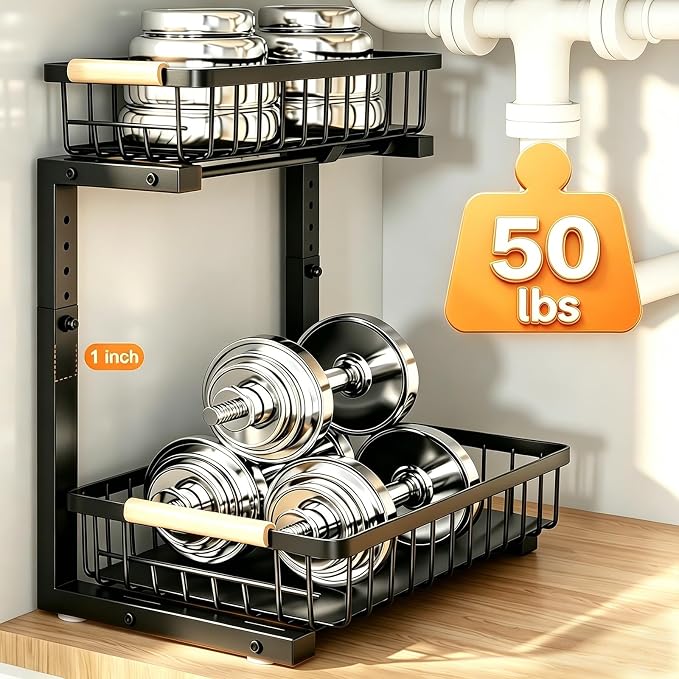 Under Sink Organizer, Adjustable 2 Tier Pull Out Kitchen Bathroom | cabinet organizer, 5 level adjustable, quiet sliding rails, dual suction and nano tape, no drill, rust resistant holds 50 lbs