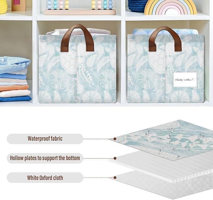 Light Blue Marine Life Turtle Coastal Storage Basket Foldable Cube Storage Bins with Handles&Label Collapsible Organizer Box Bin Large Rectangle Decorative Baskets for Shelves Home Living Room Closet