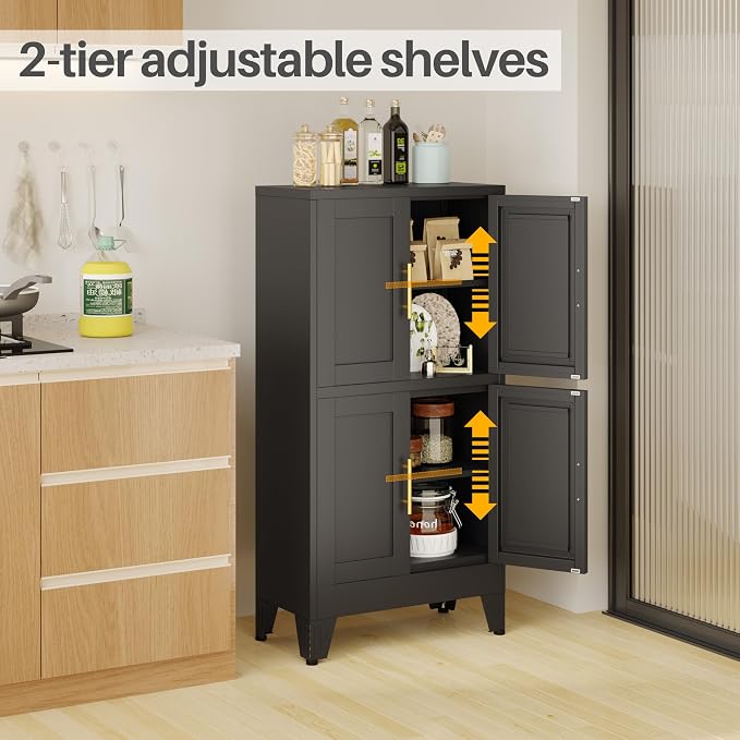 47” Black Metal Bathroom Storage Cabinet, Kitchen Pantry Cabinet | Steel Storage Cabinet with Doors and 3 Adjustable Shelves, Bathroom cabinets Organizer, for Home Office, Bedroom