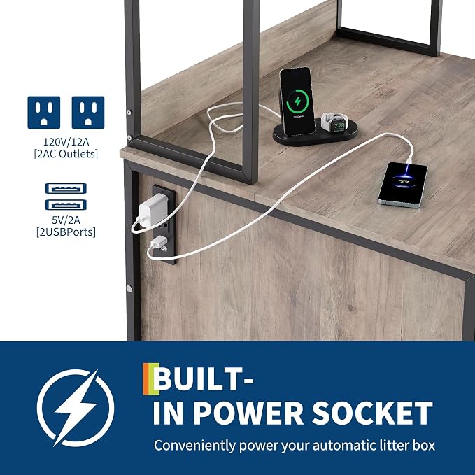 Self Cleaning Litter Box Enclosure Furniture with Shelf & Charge Station | 70" Farmhouse Cat Litter Box Robot Cabinet, Fit Automatic Litterbox Up to 26"×28"×31", Litter Cabinet for Robot 3/4/5 Grey