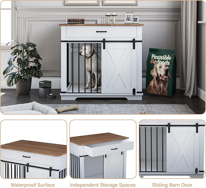 37.8'' Dog Crate Furniture with Storage Drawer, Decorative Wooden Dog Kennel with Sliding Barn Door, Indoor Water Resistant Cage for Pet, Small, Medium, Large Dog (White)