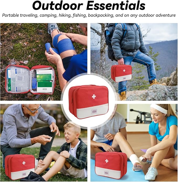 Faylapa First Aid Kit Empty Bag, 9.8x8.3x4.7 Inches Travel Empty First Aid Kit Pouch for Emergency at Home, Office, Car, Outdoors, Boat, Camping, Hiking(Bag Only, Red)