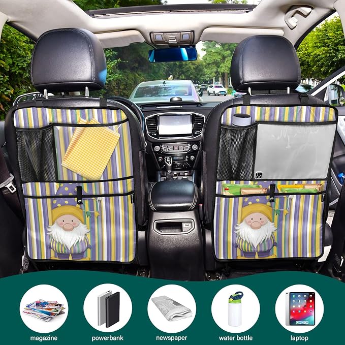 1 Pack Back Seat Car Organizer with Storage Pockets Kick Mats Back Seat Protector Hanging Car Organizer Automotive Seat Back Cover Organizers Stripe Mardi Gras Gnome