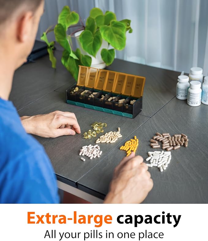 Extra Large Pill Organizer - XXL Vitamin Holder for Weekly Supplements - Double Sided Pill Box 7 Day with Big AM PM Compartments Huge Daily Medicine Dispenser 2 Times a Day Reliable and Easy-to-Use