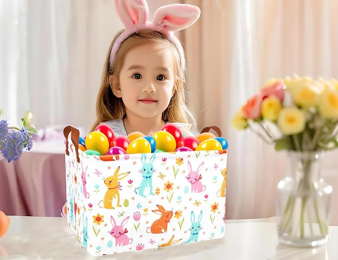 Large Rectangular Easter Baskets Empty Waterproof Boy Toy Box Foldable Kid's Gifts Storage Bin Spring Room Decor(Flower Rabbit Egg)