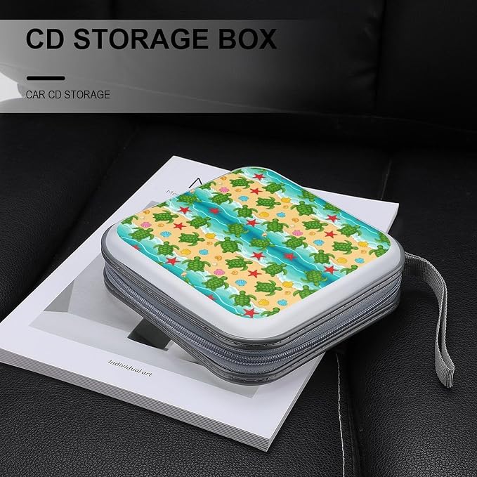 40-Disc CD/DVD Protective Case Beach Ocean Cute Turtle, Hard Plastic Binder with Zipper, Portable Storage Organizer for Travel Office