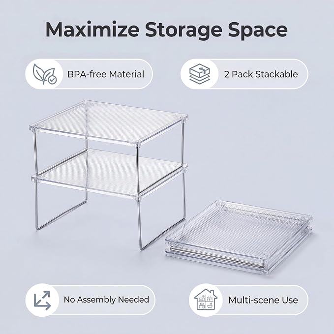 Kitchen Storage Accessories, Foldable Shelf 2 Pack | Stackable shelf cabinet organizer, for pantry, countertop, saving your kitchen storage space.