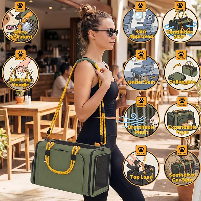 PAWZIDEA Expandable Pet Carrier with Wheels, TSA Airline Approved, Up 18lbs | 18x11x11 Underseat, Rolling Soft-Sided Carrier for Large Cats & Small Dog Travel Bag, Self-Locking Zippers, Telescopic Handle