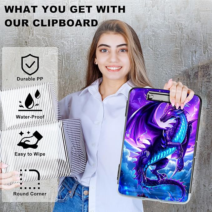 A4 Clipboard with Storage Pen Holder, Clipboards Organizer Nursing Clipboard Foldable File Folder Plastic Clipboard Folio Clip Board for Office Work Classroom Doctor, Galaxy Purple Dragon