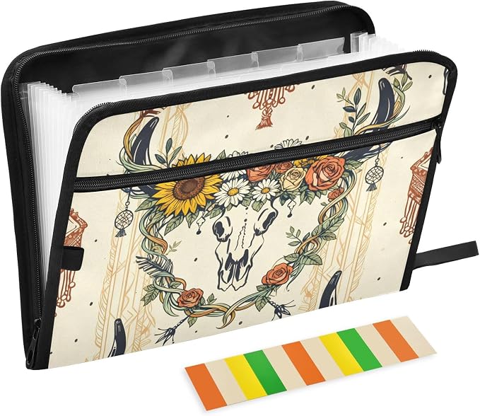 Bohemian Bull Skull Pattern with Sunflowers Expanding File Folder with Sticky Labels, 13 Pockets Accordion File Folder Document Organizer Expandable Zip File Folder with Zipper Closure