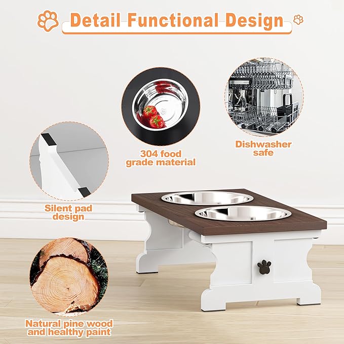 Piskyet Elevated Dog Bowls,Dog Bowl Stand, 3.5Cups6''H_30 oz Bowl-Farmhouse | Farmhouse Dog Bowls Stand, Raised Dog Bowl with 2 Stainless Steel Wooden Dogs Bowls for Small Size Dogs