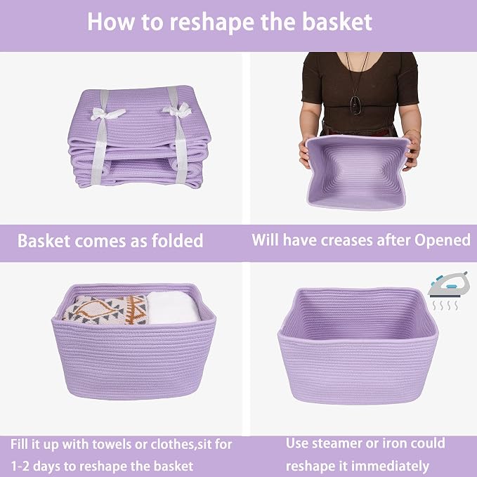 XUANGUO Woven Cotton Rope Storage Baskets 15x10x9.3" 3 Pack Purple Lavender | Decorative rectangular storage baskets for shelves and closets; storage bins organize clothes, toys, books and nursery items.