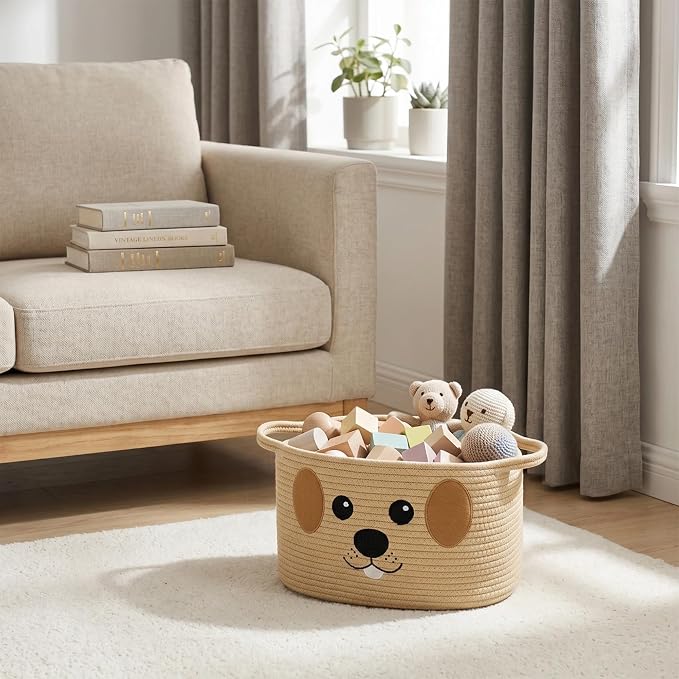 Woven Dog Toy Basket, Cute Dog Toy Bin with Embroidered Face, Soft Cotton Rope Puppy Storage Box Holder for Living Room, Decorative Pet Stuff Organizer, Puppy Room Decor Basket, 15"x11"x9"