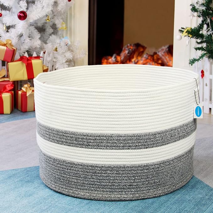 Casaphoria XXXLarge Cotton Rope Basket for Living Room - Woven Storage Basket with Handle for Blankets, Towels and Pillows Laundry Hamper | White and Grey (22" x 22" x 14")